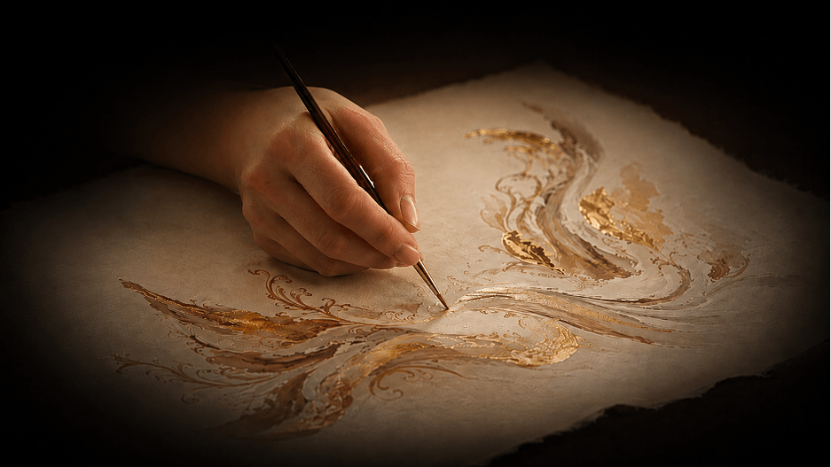 Hand painting a parchment with gold detail
